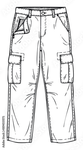Technical fashion flat sketch of cargo pants featuring functional pockets and belt loops, perfect for apparel design, product development, and clothing manufacturing presentations