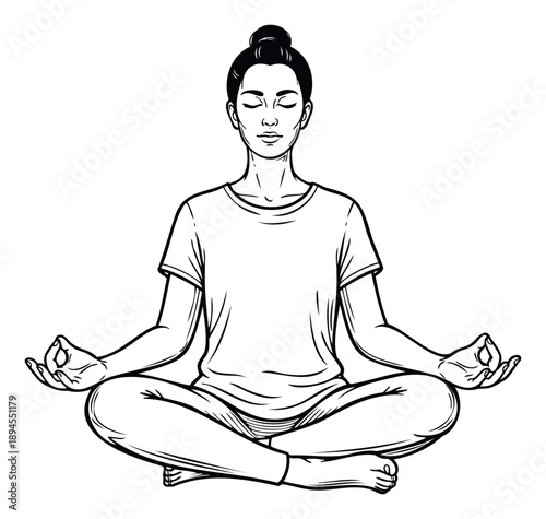 Serene woman meditating with closed eyes and hands in mudra, promoting relaxation and inner peace for wellness and mindfulness content applications.