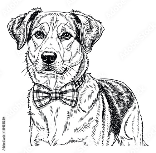 Charming and friendly mixed breed dog wearing a stylish plaid bow tie, perfect for petrelated advertising, veterinary clinic branding, or heartwarming greeting cards.