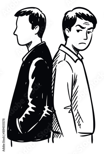 Two men standing backtoback representing conflict and disagreement offering a visual metaphor for opposing viewpoints or strained relationships suitable for communication and emotional