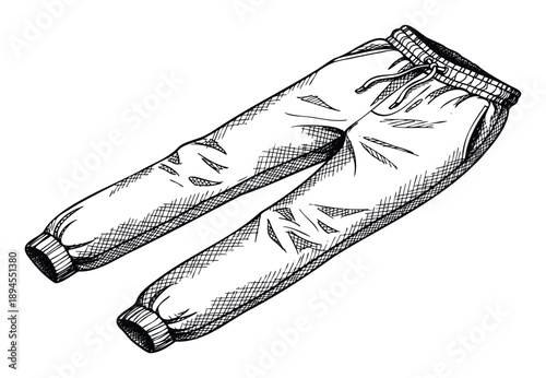 Detailed ink sketch of comfortable jogger pants with an elastic waistband and drawstring, perfect for sportswear apparel catalogs, loungewear promotions, or casual fashion lifestyle content.