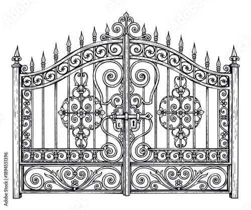 Ornate wrought iron gate drawing with intricate scrollwork and floral accents perfect for historical architectural design projects and elegant property entrance concepts