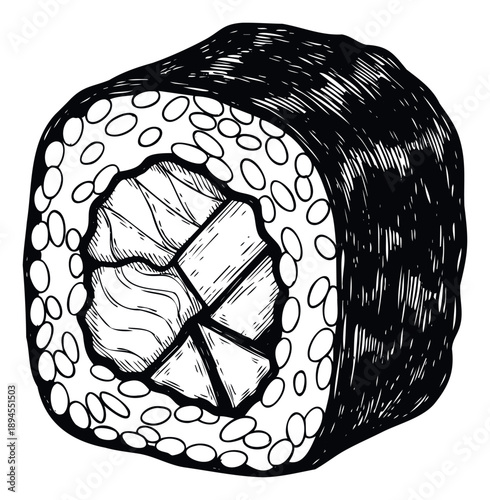 Hand drawn sketch of a delicious sushi roll featuring fresh fish and rice, perfect for restaurant menus, food blogs, or culinary themed projects.