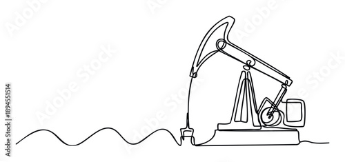 Minimalist continuous line drawing of an oil pump jack representing energy extraction and resource industry, ideal for modern graphic design, corporate presentations, and educational