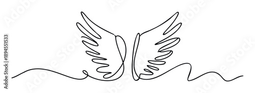 A continuous single line drawing depicts elegant angel wings representing freedom, hope, and spirituality, ideal for inspiring apparel, branding, or wellness media.