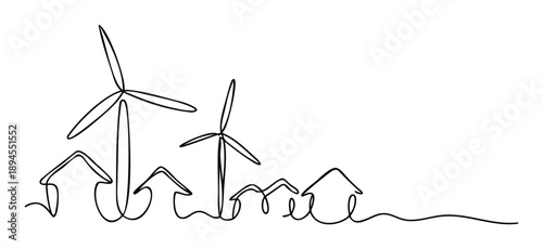 Continuous line drawing of houses and wind turbines, embodying sustainable living, renewable energy, and eco friendly residential development for environmental promotion and property