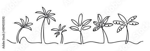 Stylized monochrome continuous line artwork featuring diverse tropical trees like palm and banana plants, ideal for travel, nature, and summer themed graphic projects and web applications.