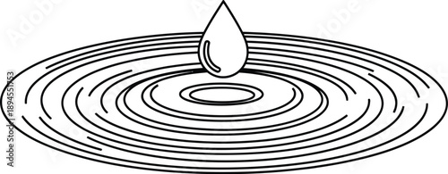 Simple black and white line art illustration depicting a single drop of water falling onto a liquid surface creating perfect concentric ripples extending outwards in a minimalist design.
