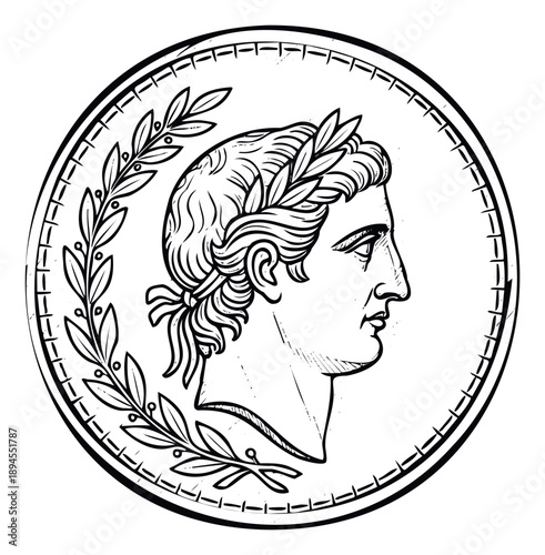 Ancient Roman profile portrait depicting a classical male figure adorned with a laurel wreath within a circular coinlike frame, ideal for historical, educational, and decorative projects.