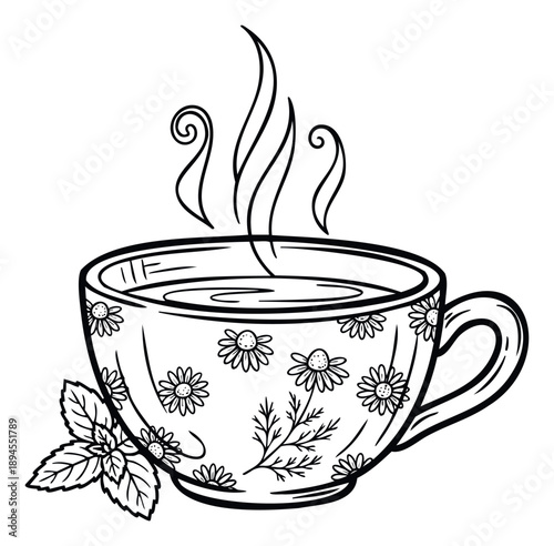 Warm herbal tea cup with steaming liquid, delicate chamomile flowers, and fresh mint leaves, perfect for natural health advertisements or calming beverage promotions