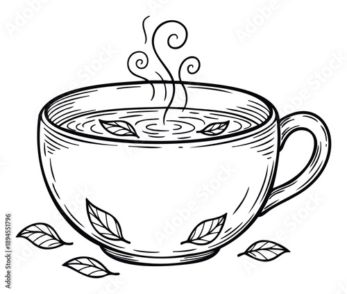 Outline drawing of a cozy steaming cup of tea with floating tea leaves and scattered foliage providing a serene visual for tea shop branding and natural product packaging