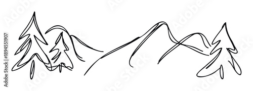 Minimalist line drawing portraying a serene natural landscape featuring majestic mountains and evergreen pine trees, ideal for tranquil themes and outdoor graphic designs.