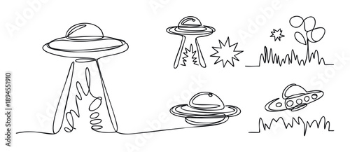 Minimalist continuous line drawings of various flying saucers and cosmic elements for scifi themed projects, educational content, and extraterrestrial exploration materials