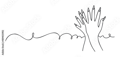 Elegant human hand with long manicured nails rendered in a minimalist continuous line drawing, perfect for beauty product advertisements, nail salon branding, or sleek graphic resource
