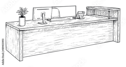 Professional office reception desk setup featuring a computer, phone, and potted plant, drawn in a modern line sketch style, ideal for business and workplace concept visuals.