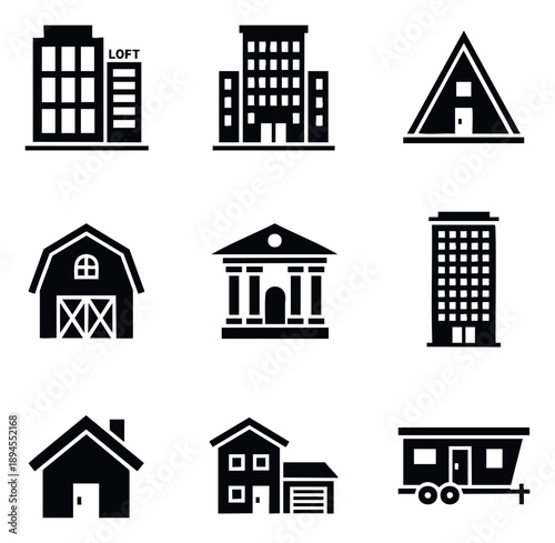 Building icons collection representing diverse structures like homes, lofts, offices, barns, and trailers, perfect for real estate and architectural graphic design.