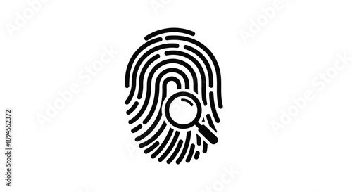 A black fingerprint with a magnifying glass inspecting the whorl pattern