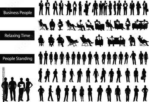 Silhouette illustration, business people relaxing standing, posture variation, professional gesture, leisure activity, black vector art, character design, workplace concept, lifestyle behavior