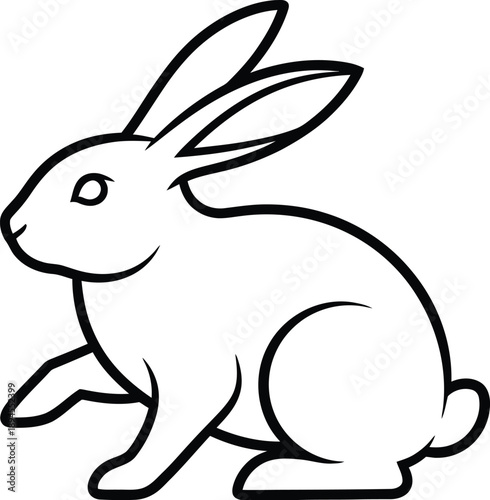 Simple black and white line art icon design depicting a cute, stylized rabbit or bunny in a sitting posture ready to hop away quickly