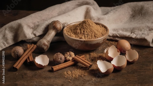 Still life of spices, cinnamon, eggshells, and bowl of powder