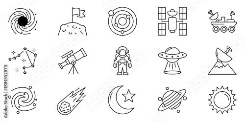 Outline vector icons for space exploration, astronomy, and science, featuring planets, astronauts, galaxies, and celestial objects in a minimalist linear style