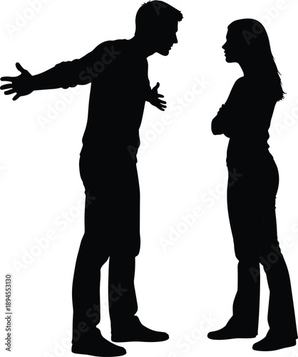 Silhouette of two people in confrontation pose, black and white discussion scene, emotional interaction concept, intense communication illustration, conflict moment design for stock use