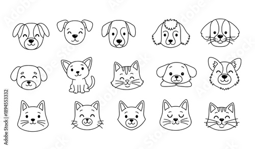 Cute dogs and cats face doodle icon set in hand-drawn outline style vector
