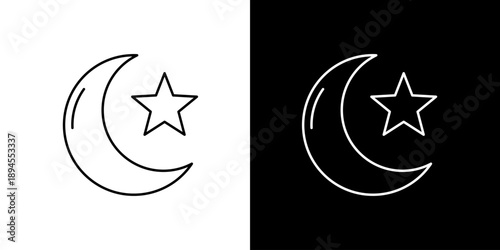 Outline vector icon with a crescent moon and star, presented in black and white variations, symbolizing celestial nature, night sky, and cultural spirituality
