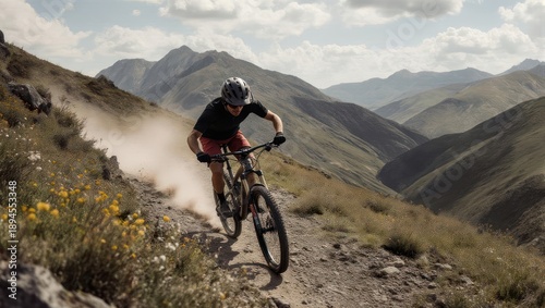 Mountain biker descends a dusty trail, surrounded by mountains