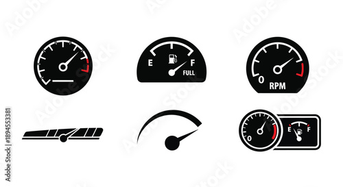 Automotive dashboard gauges and indicators displayed in black and white