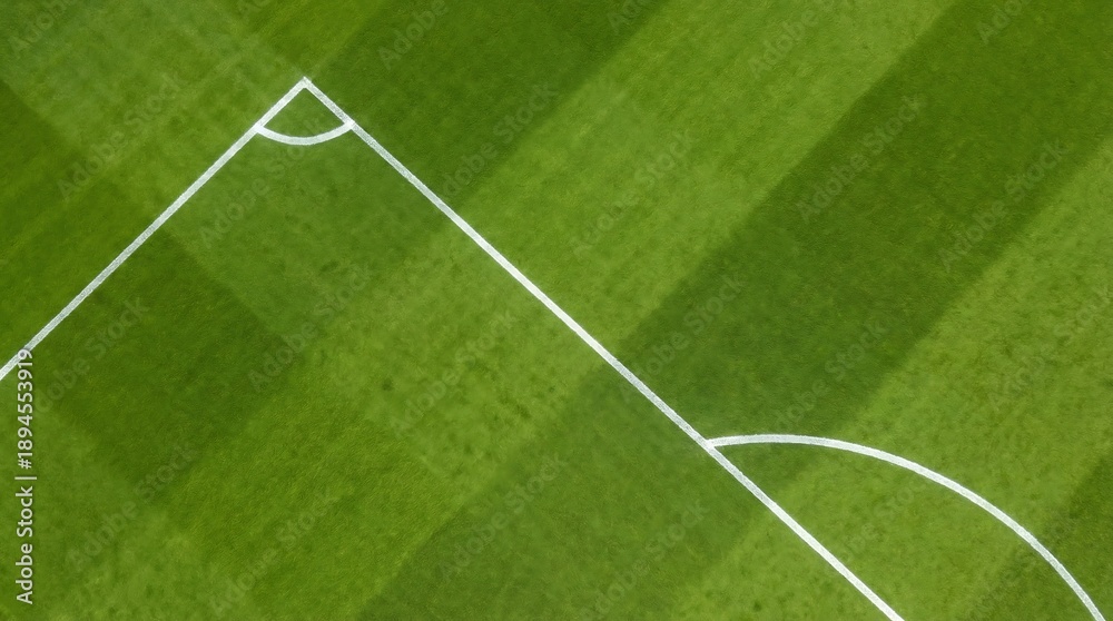 Obraz premium Aerial view of a vibrant green football field showing the corner arc and side line markings