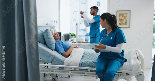 Konstfotografi Nurse, clipboard and happy old woman in hospital bed for medical assessment, good news or recovery
