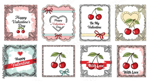 Vintage valentine s day cards with cherries ribbons and ornate frames