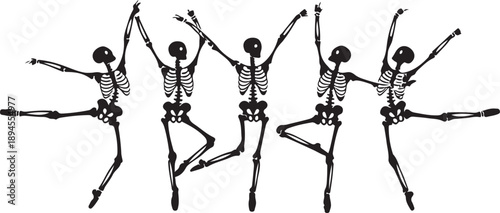 Ballet. Five dancing black silhouettes of skeletons isolated on a white background. Vector illustration