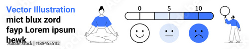 Woman meditating, feedback bar ranging 0-10, facial expression icons from happy to sad, and person with balloon. Ideal for therapy, mental health, mindfulness, self-care, emotion tracking