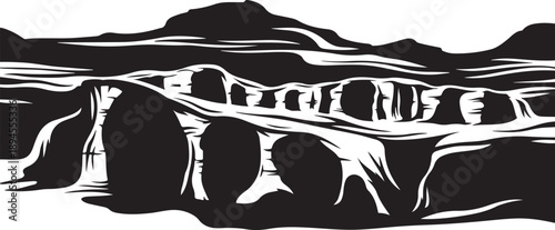 Black and white illustration of rocky shoreline landscape scene