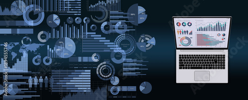 ビジネスデータを表示するノートPCと様々なグラフやチャート、ビジネスデータを分析・検討するイメージ