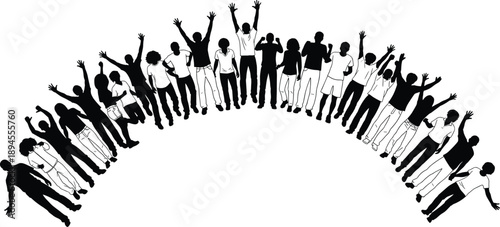 Silhouettes of diverse people celebrating in semi-circular formation with raised arms and alternating black-white attire