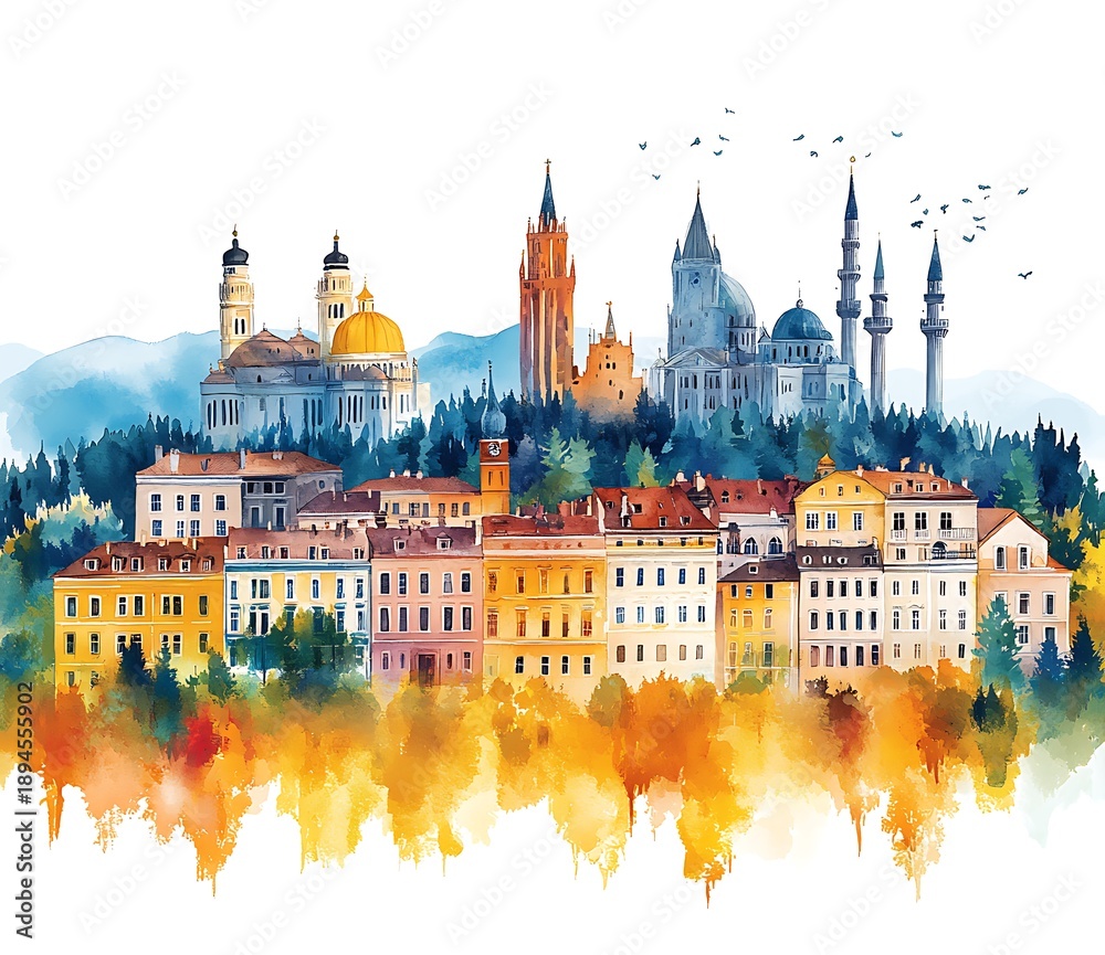 Obraz premium Watercolor Painting of European Cityscape with Hills and Autumn Trees town