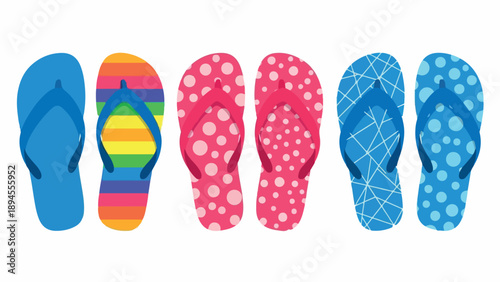 Flat lay of six colorful flip flops with various patterns on a white background.