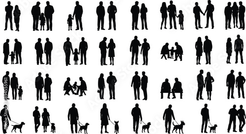 Silhouettes of people and dogs in diverse poses including walking, sitting, and interacting in grouped layout