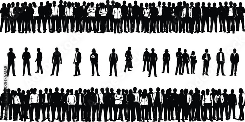 Silhouettes of people in dense and spaced group formations showing posture and attire variation across three rows