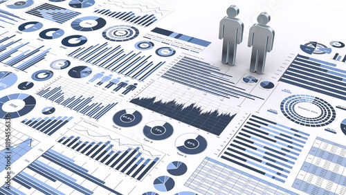 ビジネスチャートやグラフと2体の人型アイコン