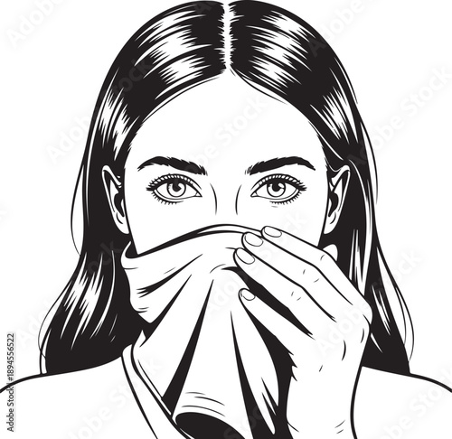 Beautiful girl illustration with high turtleneck on her face. Hand-drawn idea for business cards , templates, invitations, banner, wallpaper, poster. Perfect social media trendy style look