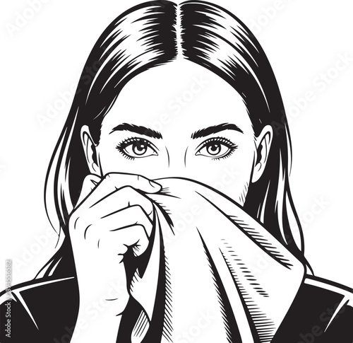 Beautiful girl illustration with high turtleneck on her face. Hand-drawn idea for business cards , templates, invitations, banner, wallpaper, poster. Perfect social media trendy style look