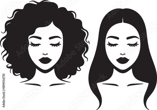 Beautiful woman and black African American woman face with afro and long straight hair vector illustration.