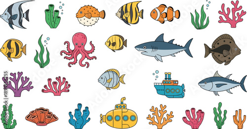Colorful cartoon collection of various sea creatures, fish, and underwater elements on a white background