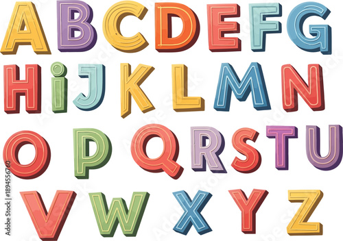 A complete set of colorful uppercase alphabet letters from A to Z, featuring a playful and embossed design on a clean white background.