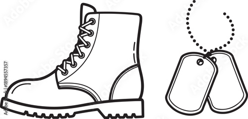 Black and white of combat boot and dog tags military