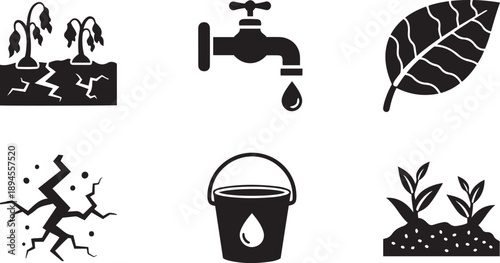 Black and white of plants and water drought dry soil bucket